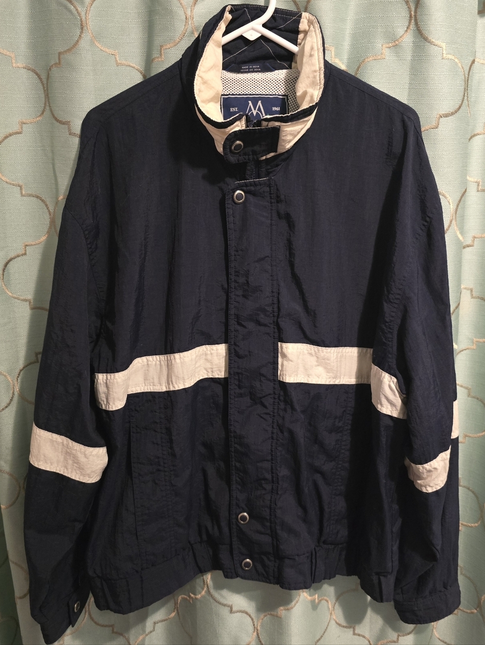 Vintage Members Only Navy Blue Off White Striped Men's Large Zip Up Snap Jacket